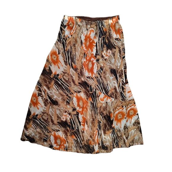 Vintage Brown Orange Metallic Floral Mesh Midi Lined Skirt *Fits Like Large - Picture 2 of 11
